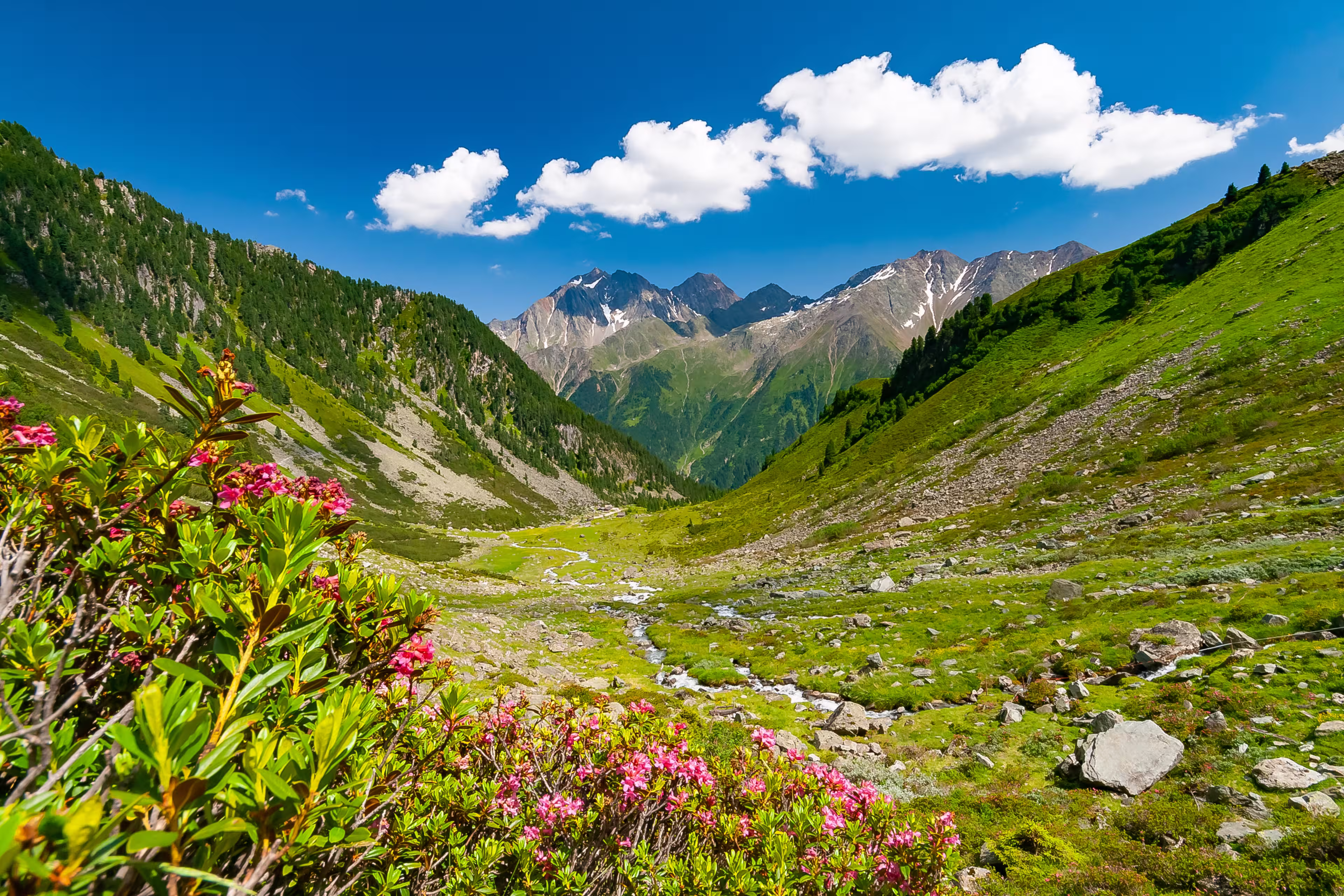 Beautiful summer mountains landscape in Stubai Tyrol Alps near New Regensburger mountain hut, Austria.