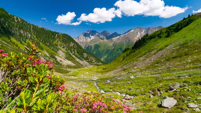 Beautiful summer mountains landscape in Stubai Tyrol Alps near New Regensburger mountain hut, Austria.