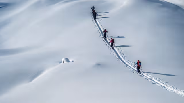 Ski touring in deep powder snow. Alpinists with ski on a ski tour on a glacier. Background image of a winter alpine landscape and ski alpinists off piste. Winter adventure activities.