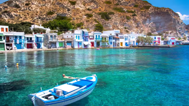 Scenic Klima village (traditional Greek village by the sea, the Cycladic-style) with sirmata - traditional fishermen's houses, Milos island, Cyclades, Greece.