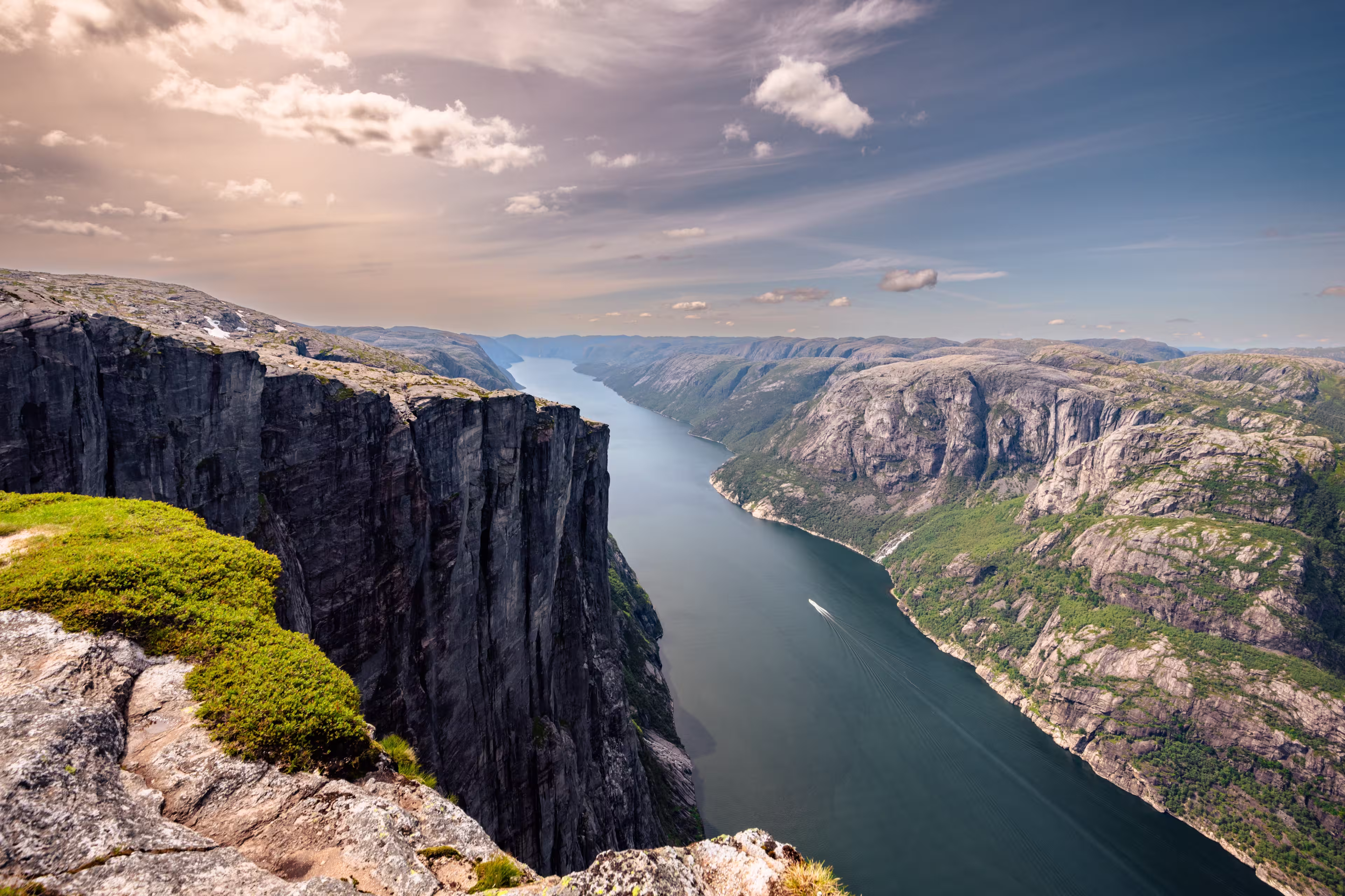 The epic mountain landscape on the famous Kjerag hike in southern Norway