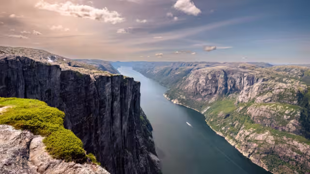 The epic mountain landscape on the famous Kjerag hike in southern Norway