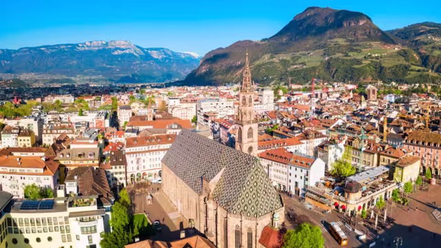 Bolzano Cathedral or Duomo di Bolzano aerial panoramic view, located in Bolzano city in South Tyrol, Italy