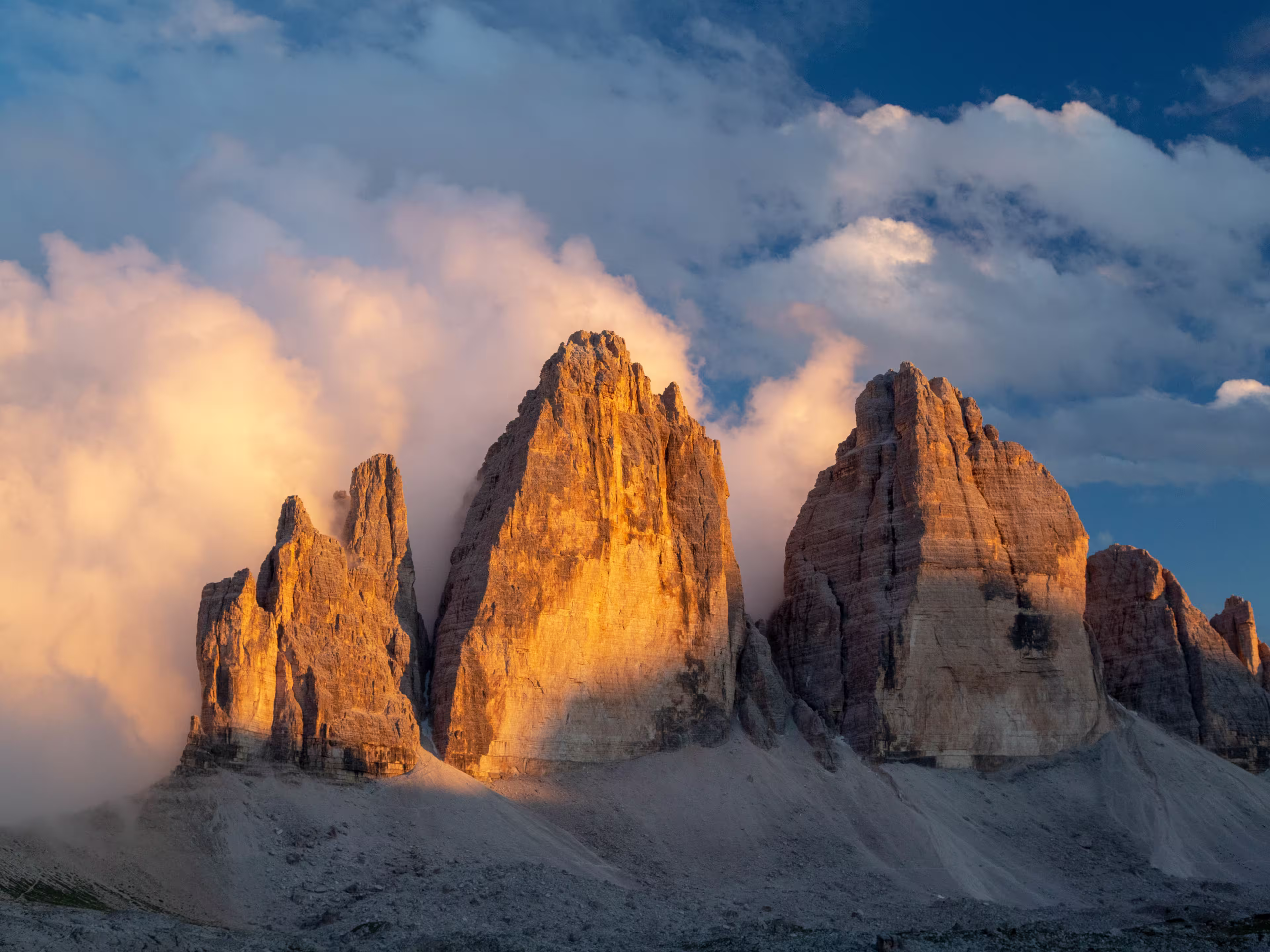 View at the Three peaks of Lavaredo (Drei Zinnen or Tre Cime di Lavaredo) in the Sexten Dolomites National Park