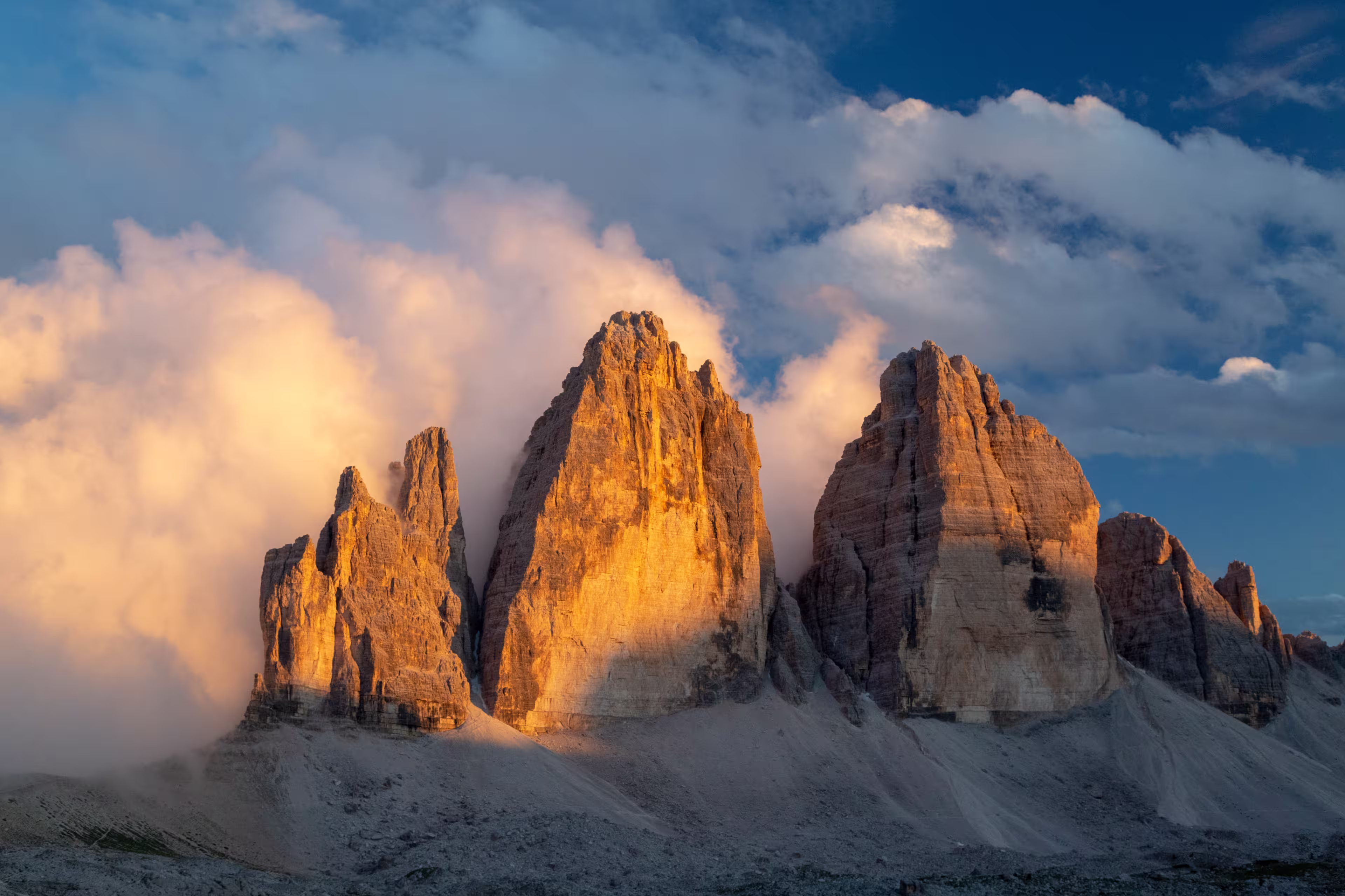 View at the Three peaks of Lavaredo (Drei Zinnen or Tre Cime di Lavaredo) in the Sexten Dolomites National Park