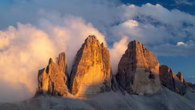 View at the Three peaks of Lavaredo (Drei Zinnen or Tre Cime di Lavaredo) in the Sexten Dolomites National Park