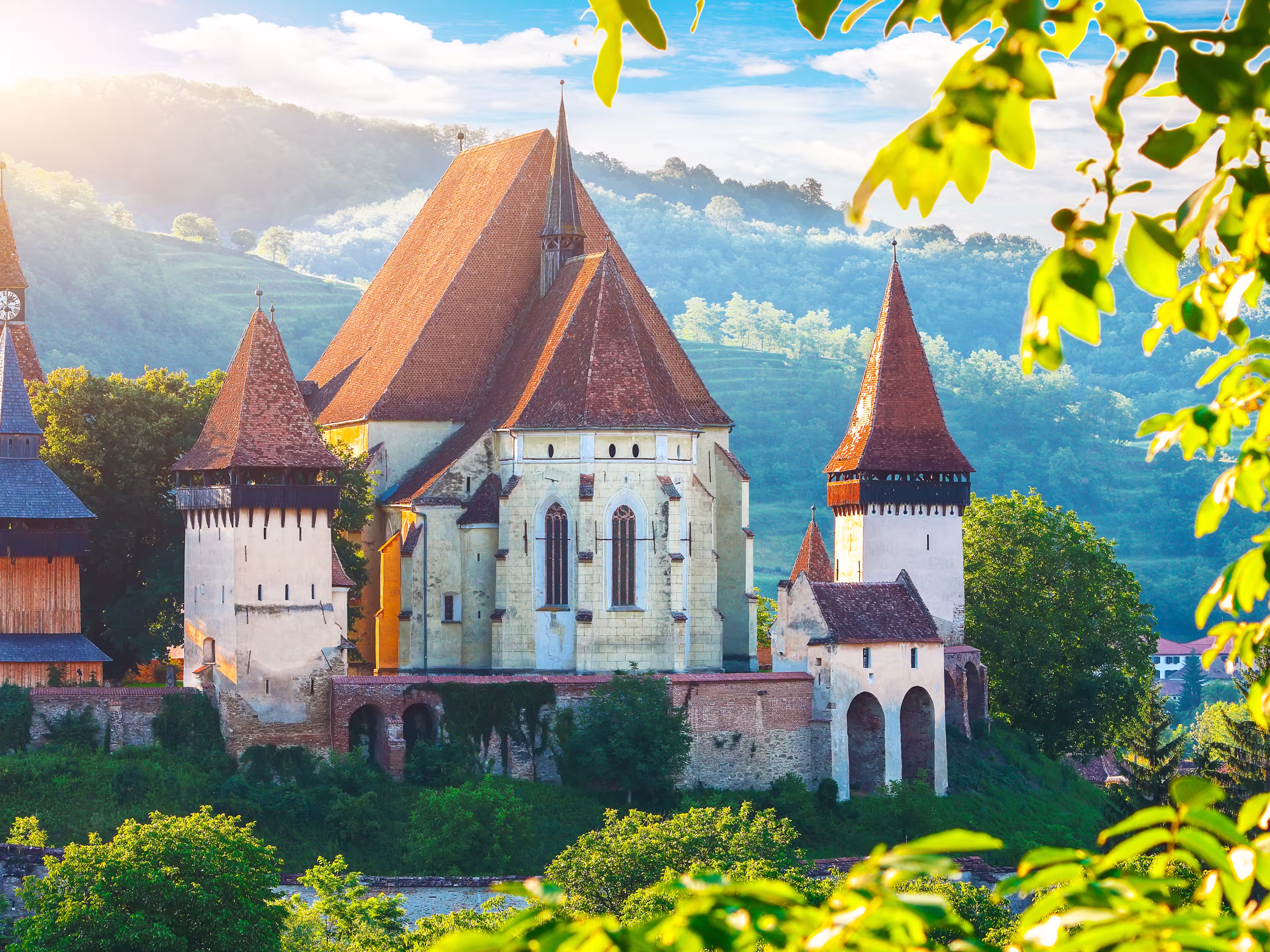 Beautiful medieval architecture of Biertan fortified Saxon church in Romania protected by Unesco World Heritage Site. Amazing sunset in Biertan.Transylvania, Sibiu, Biertan, Romania, Europe.