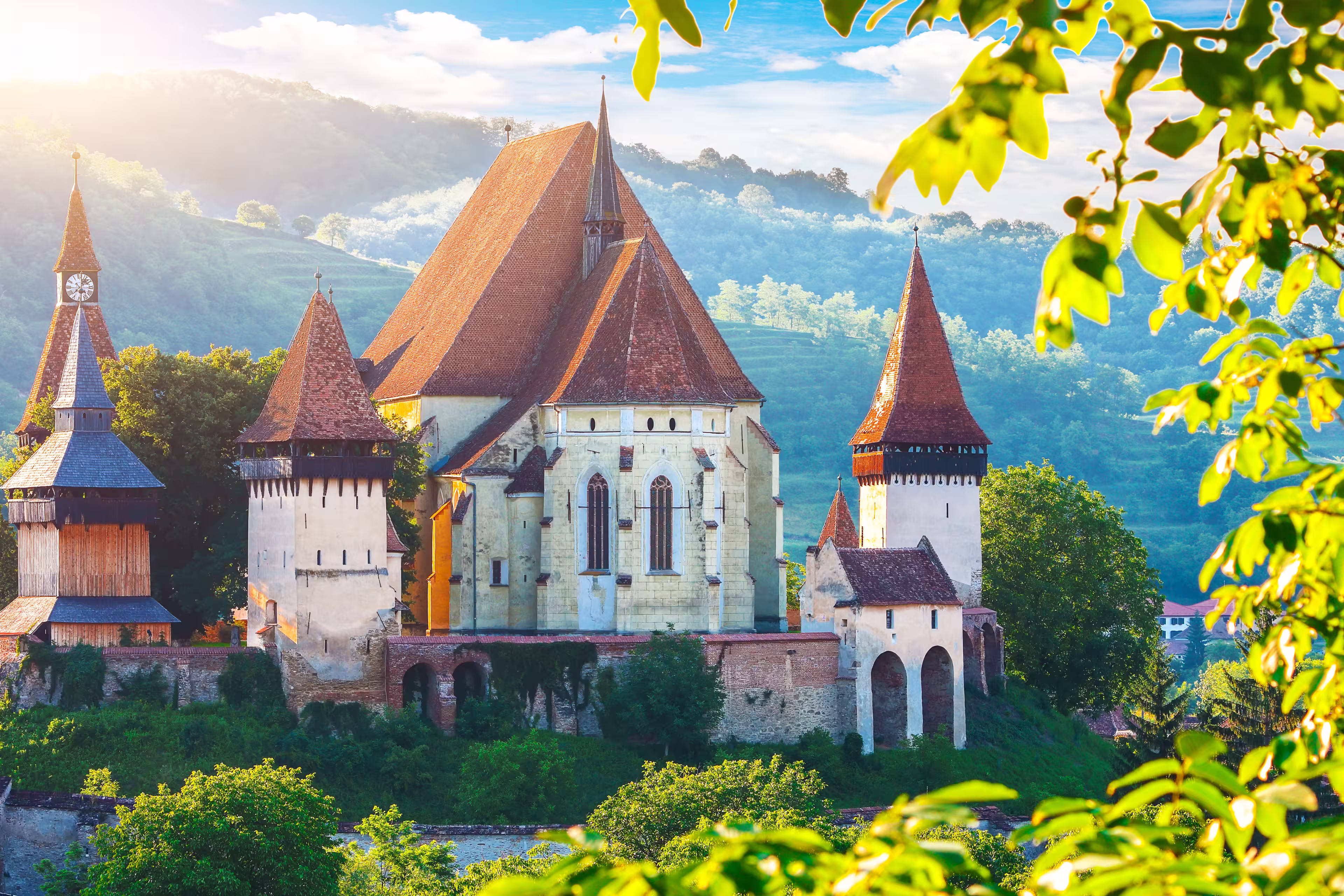 Beautiful medieval architecture of Biertan fortified Saxon church in Romania protected by Unesco World Heritage Site. Amazing sunset in Biertan.Transylvania, Sibiu, Biertan, Romania, Europe.