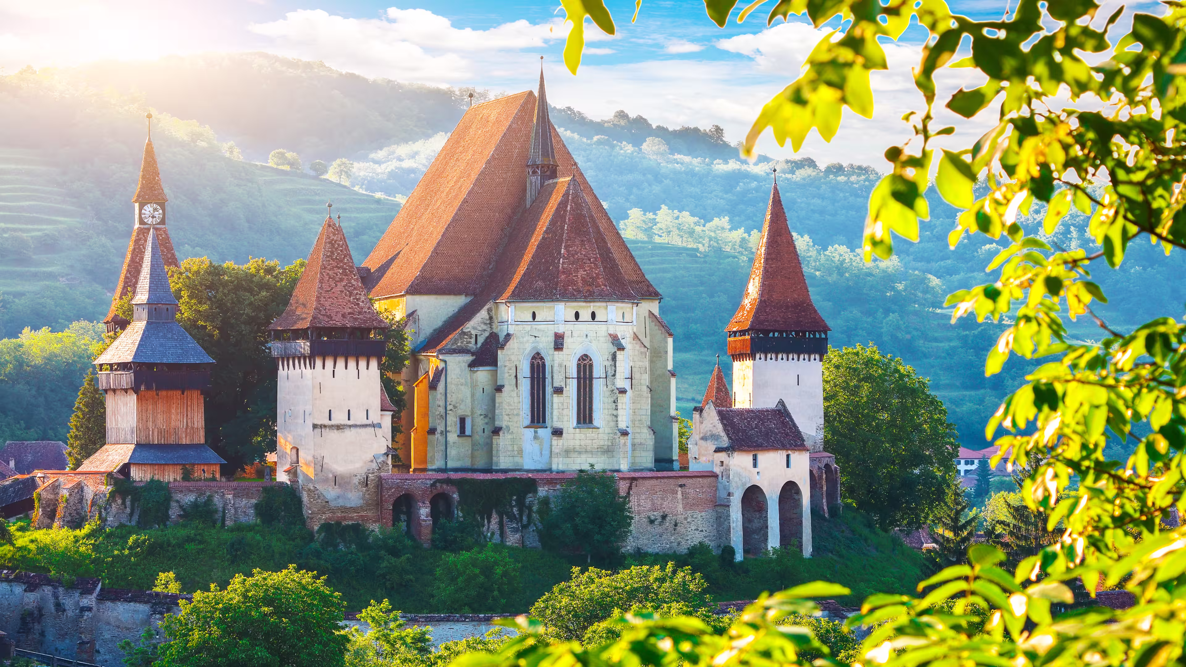 Beautiful medieval architecture of Biertan fortified Saxon church in Romania protected by Unesco World Heritage Site. Amazing sunset in Biertan.Transylvania, Sibiu, Biertan, Romania, Europe.
