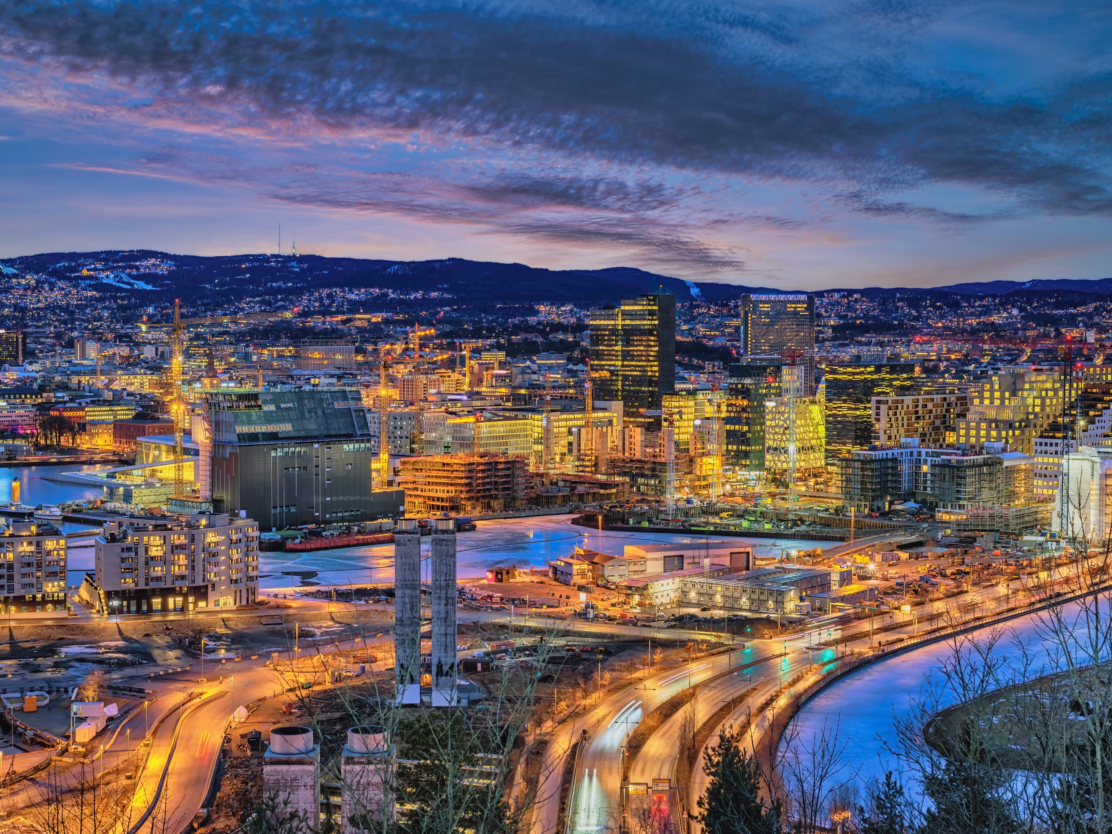 Oslo Norway, night city skyline at business district and Barcode Project