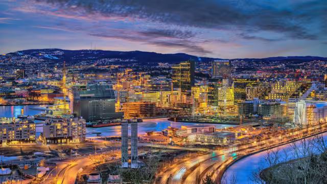 Oslo Norway, night city skyline at business district and Barcode Project