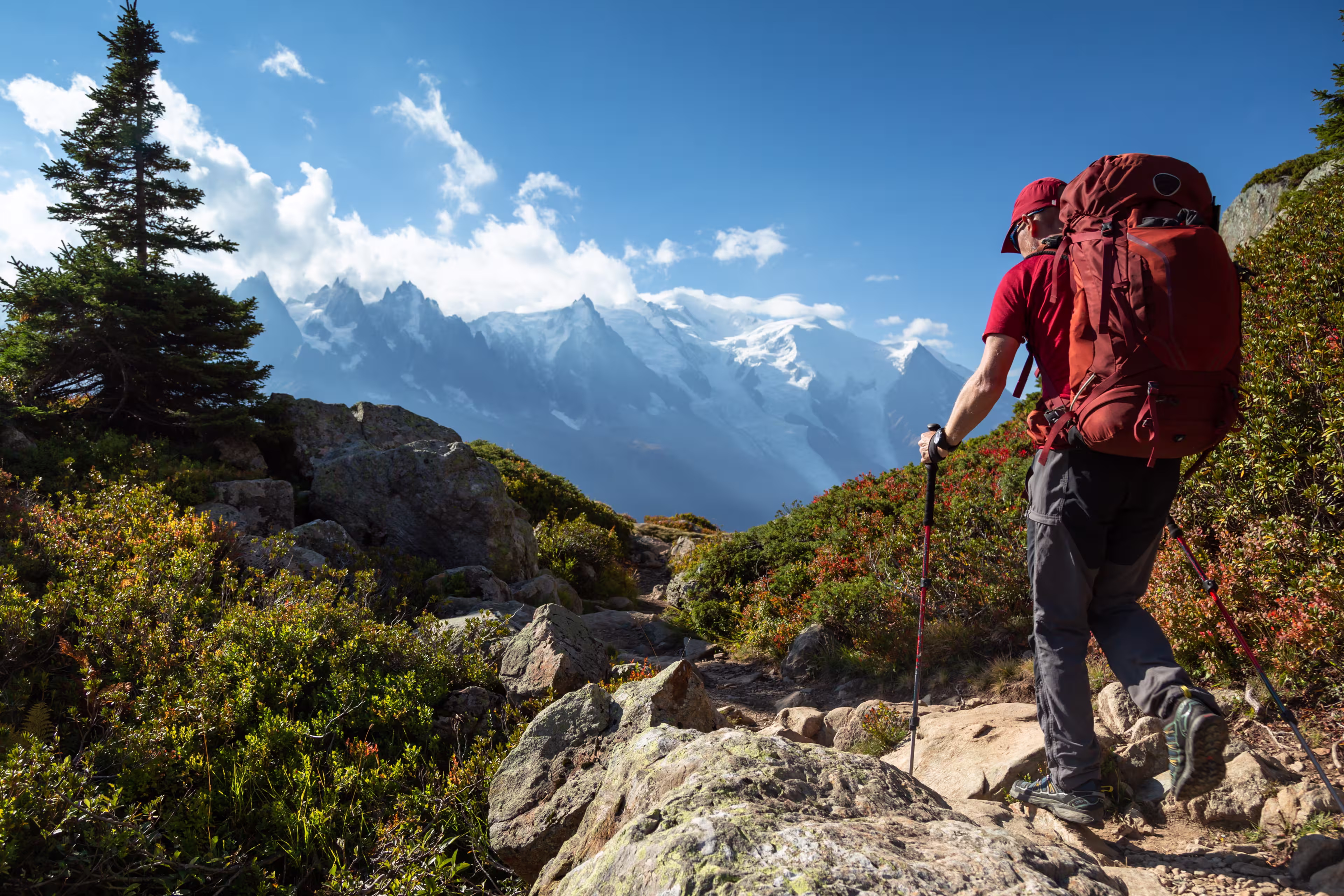 A man hiking on the famous Tour du Mont Blanc near Chamonix, France.
