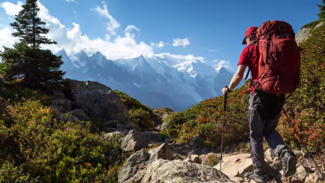 A man hiking on the famous Tour du Mont Blanc near Chamonix, France.