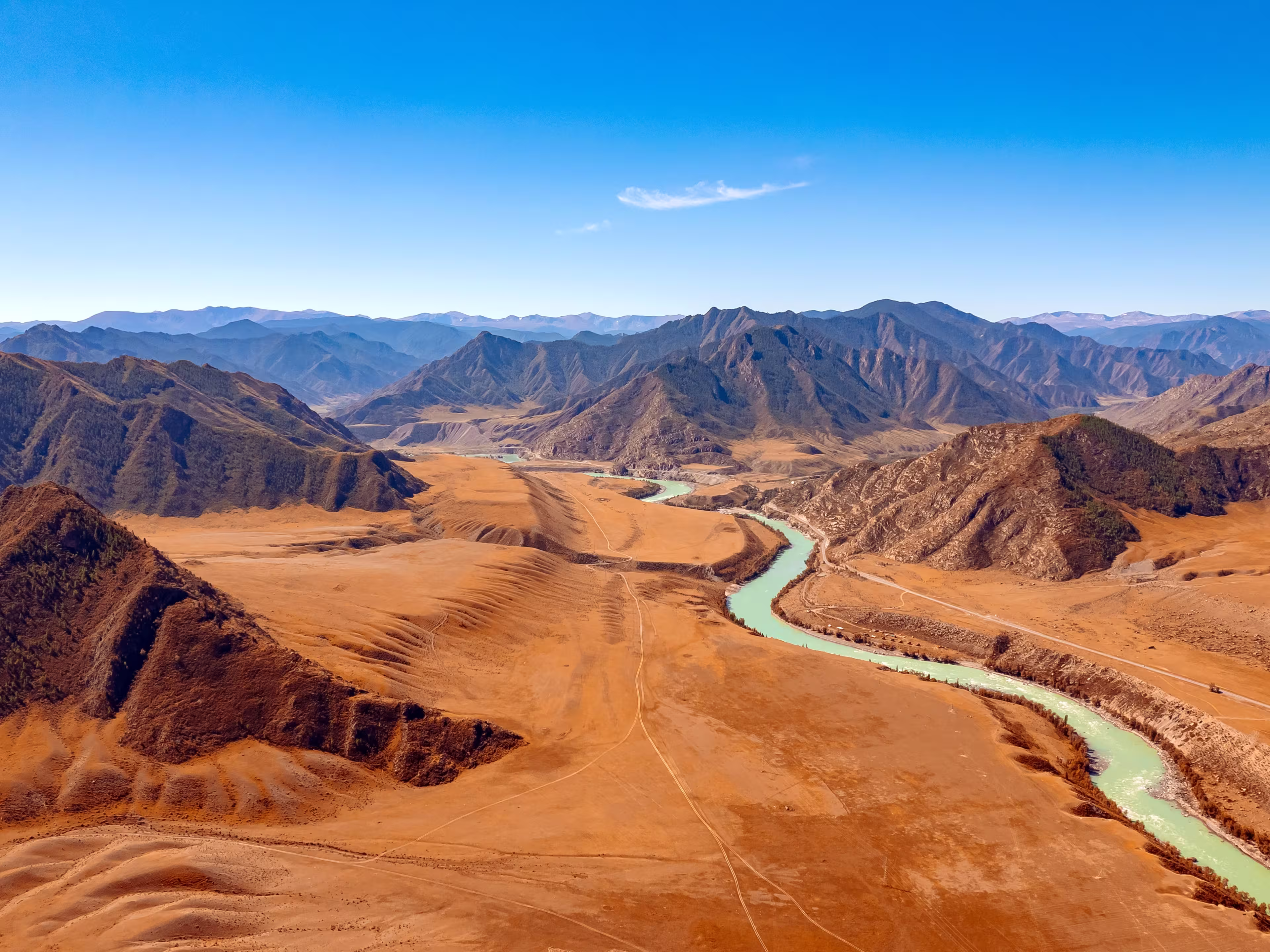 Aerial top view autumn Landscape beautiful green blue river mountains Altai.