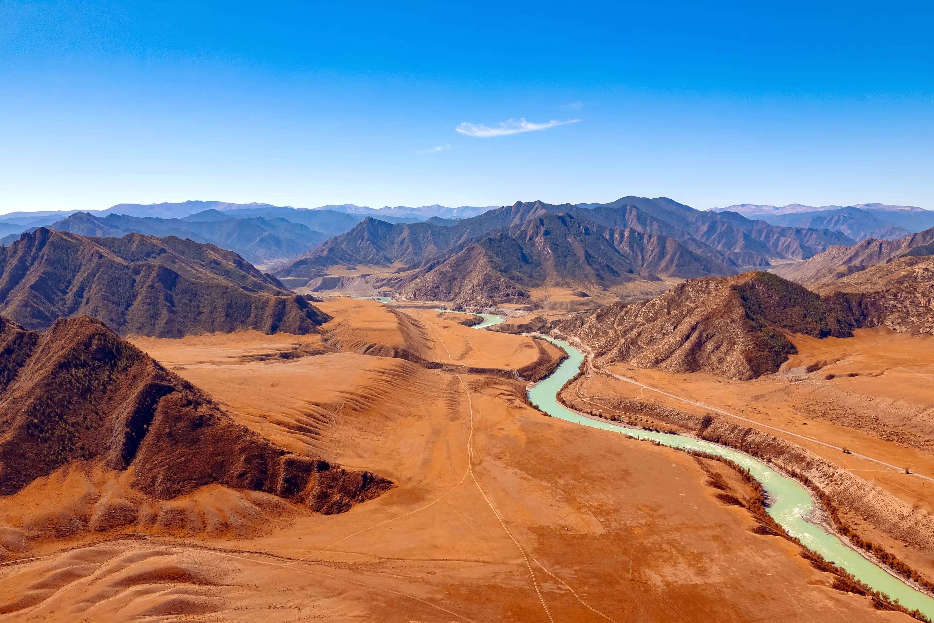 Aerial top view autumn Landscape beautiful green blue river mountains Altai.