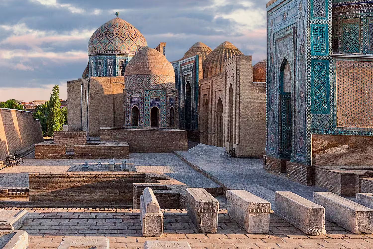 Historical necropolis of Shakhi Zinda at sunset, Samarkand, Uzbekistan.