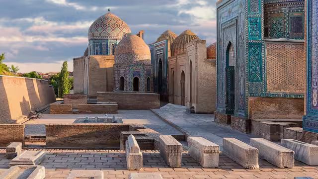 Historical necropolis of Shakhi Zinda at sunset, Samarkand, Uzbekistan.