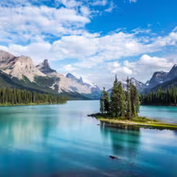 Spirit Island in Maligne Lake at sunset in Jasper National Park, Canadian Rockies, Alberta, Canada.