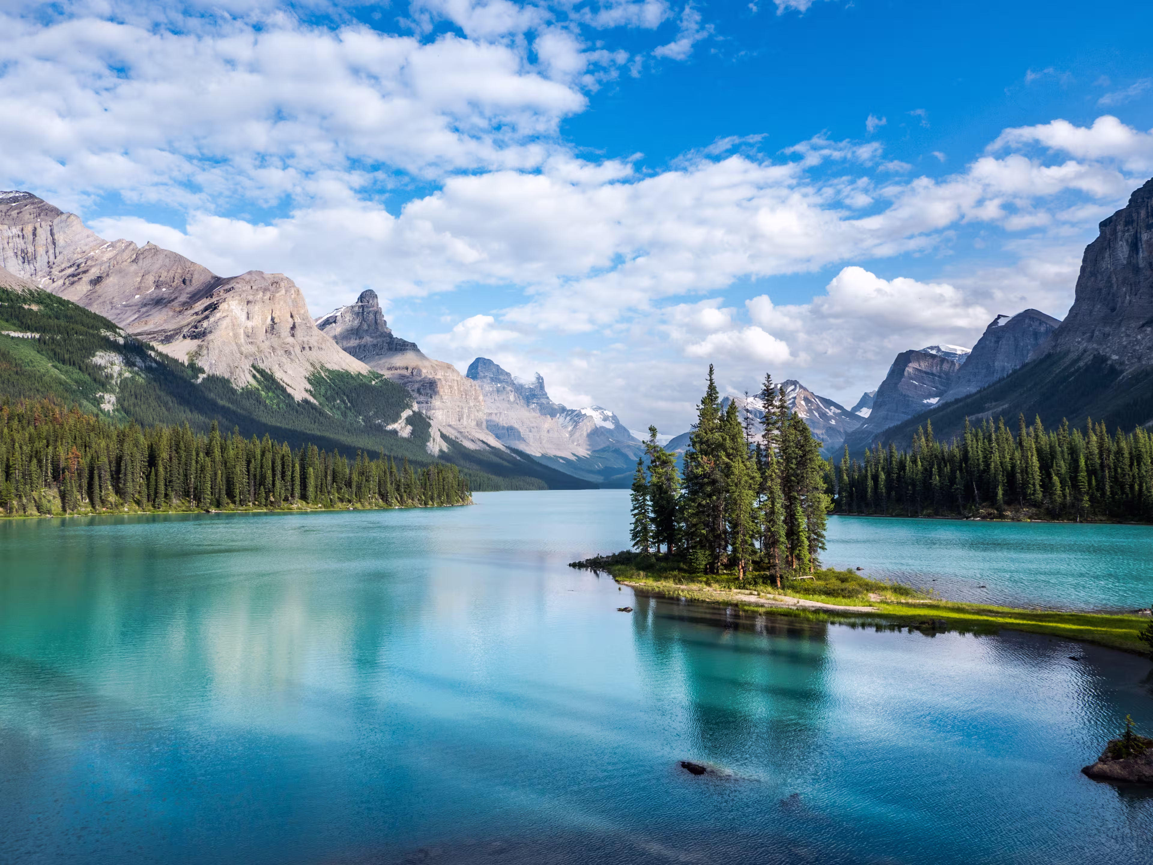 Spirit Island in Maligne Lake at sunset in Jasper National Park, Canadian Rockies, Alberta, Canada.