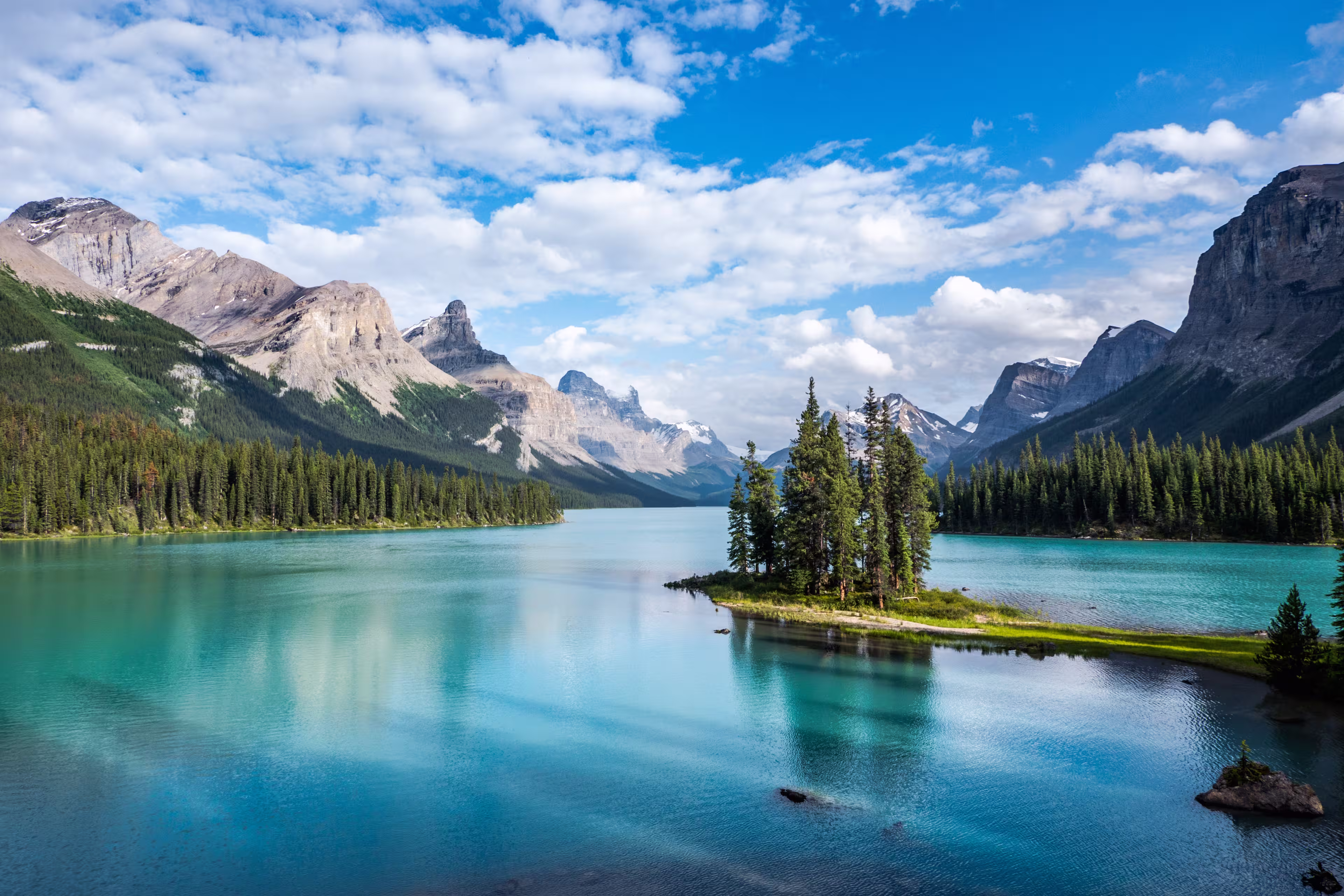 Spirit Island in Maligne Lake at sunset in Jasper National Park, Canadian Rockies, Alberta, Canada.