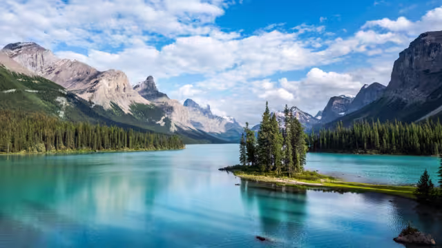 Spirit Island in Maligne Lake at sunset in Jasper National Park, Canadian Rockies, Alberta, Canada.