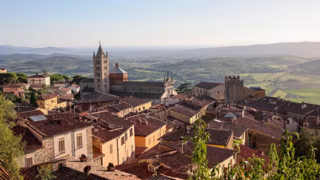 Massa Marittima old town and San Cerbone Duomo cathedral. Tuscany, Italy.