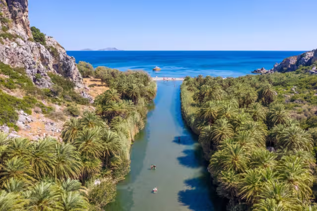 Preveli Palm Forest and Beach in the end of Kourtaliotis Gorge South Rethymno Crete Greece