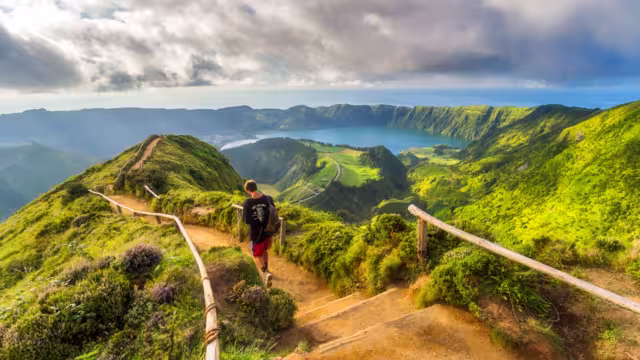 View of Sete Cidades near Miradouro da Grota do Inferno viewpoint, Sao Miguel Island, Azores, Portugal.