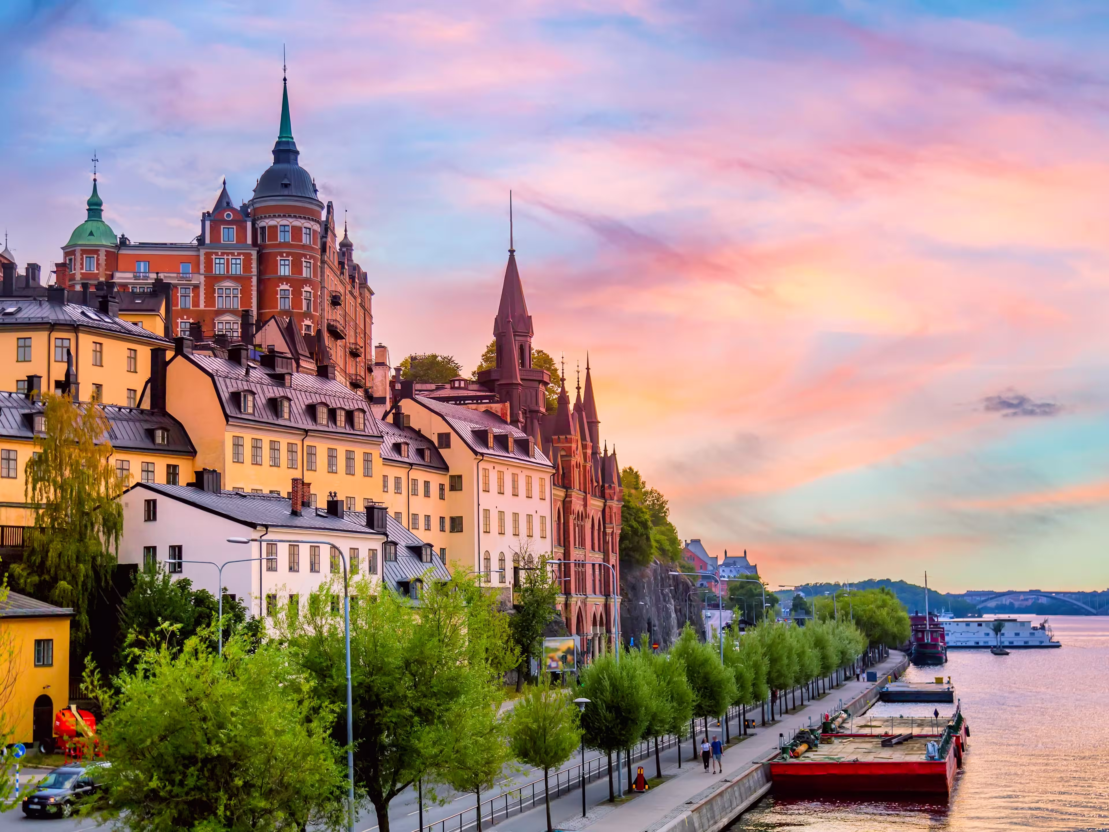 Stockholm, Sweden. Scenic summer sunset view with colorful sky of the Old Town architecture in Sodermalm district