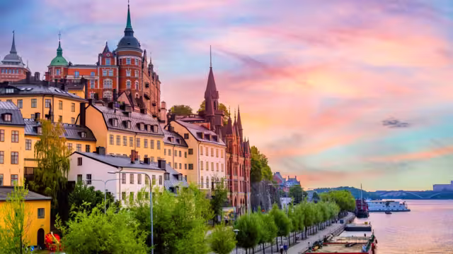 Stockholm, Sweden. Scenic summer sunset view with colorful sky of the Old Town architecture in Sodermalm district