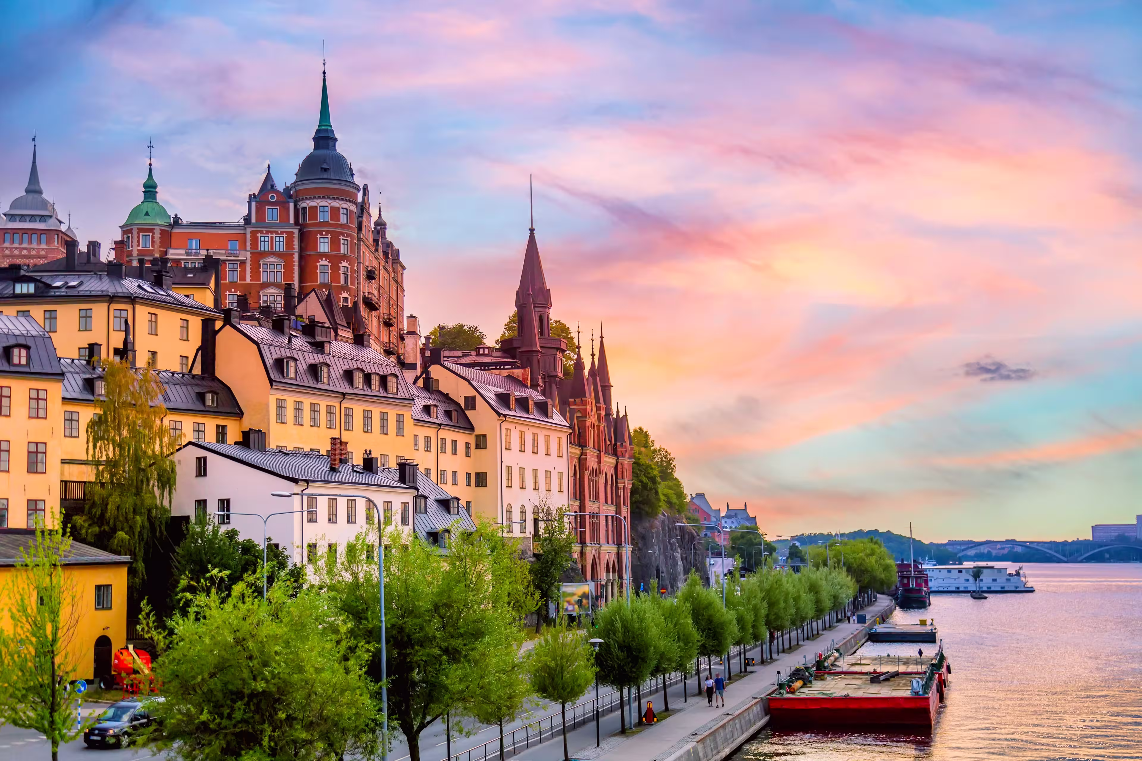 Stockholm, Sweden. Scenic summer sunset view with colorful sky of the Old Town architecture in Sodermalm district