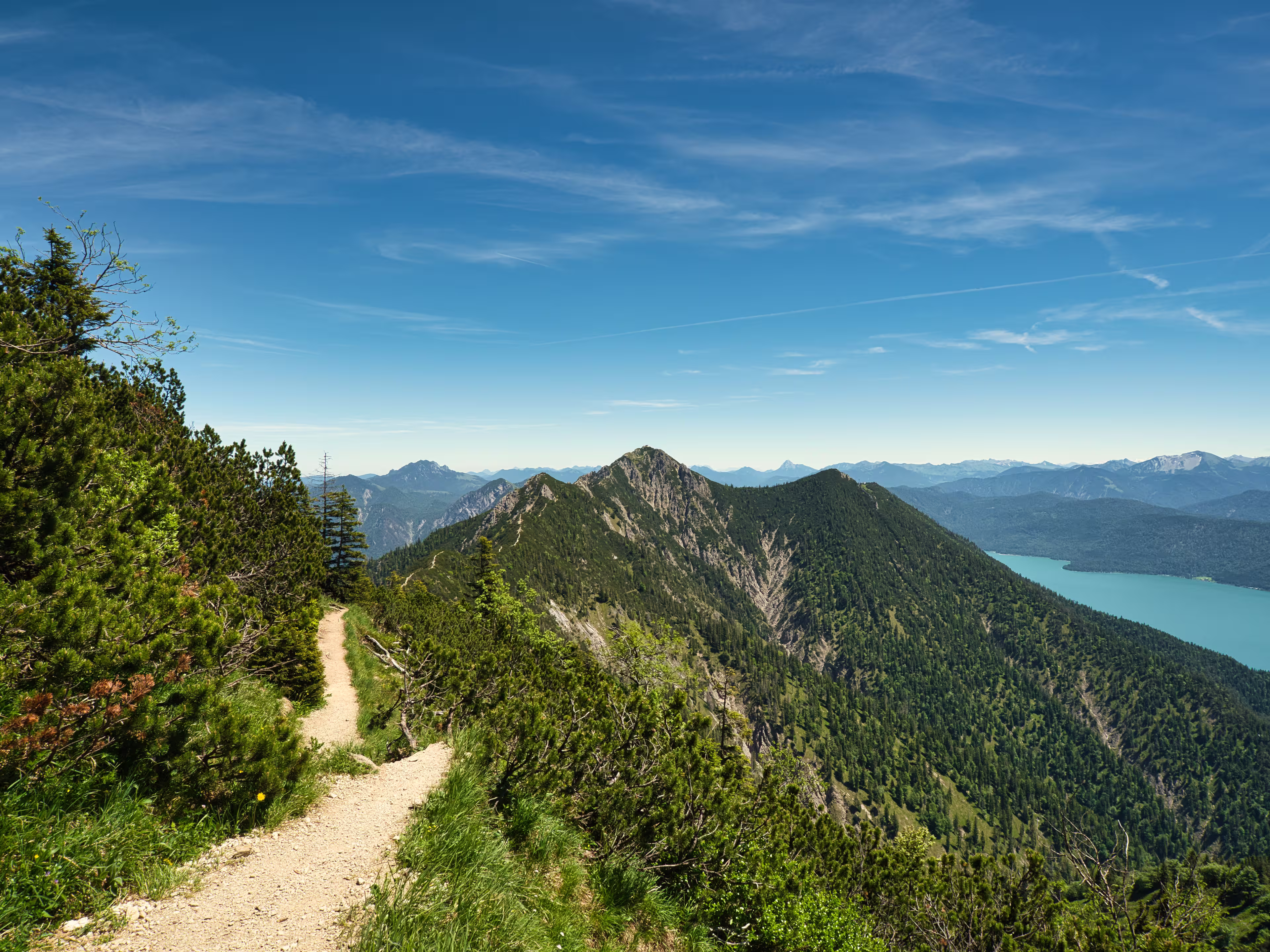 The Herzogstand. A popular hiking trail in the german alps with a great panoramic view of the surrounding mountains and the Walchensee. Hiking adventure, alps, bavaria, germany