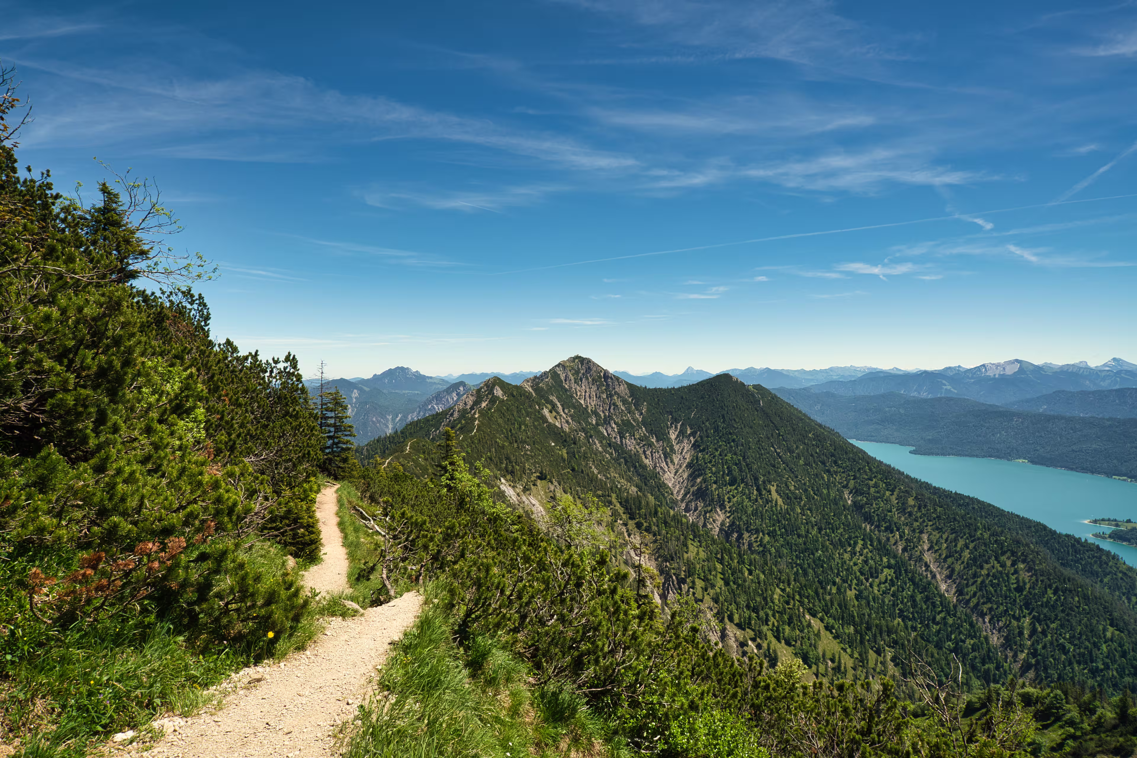 The Herzogstand. A popular hiking trail in the german alps with a great panoramic view of the surrounding mountains and the Walchensee. Hiking adventure, alps, bavaria, germany