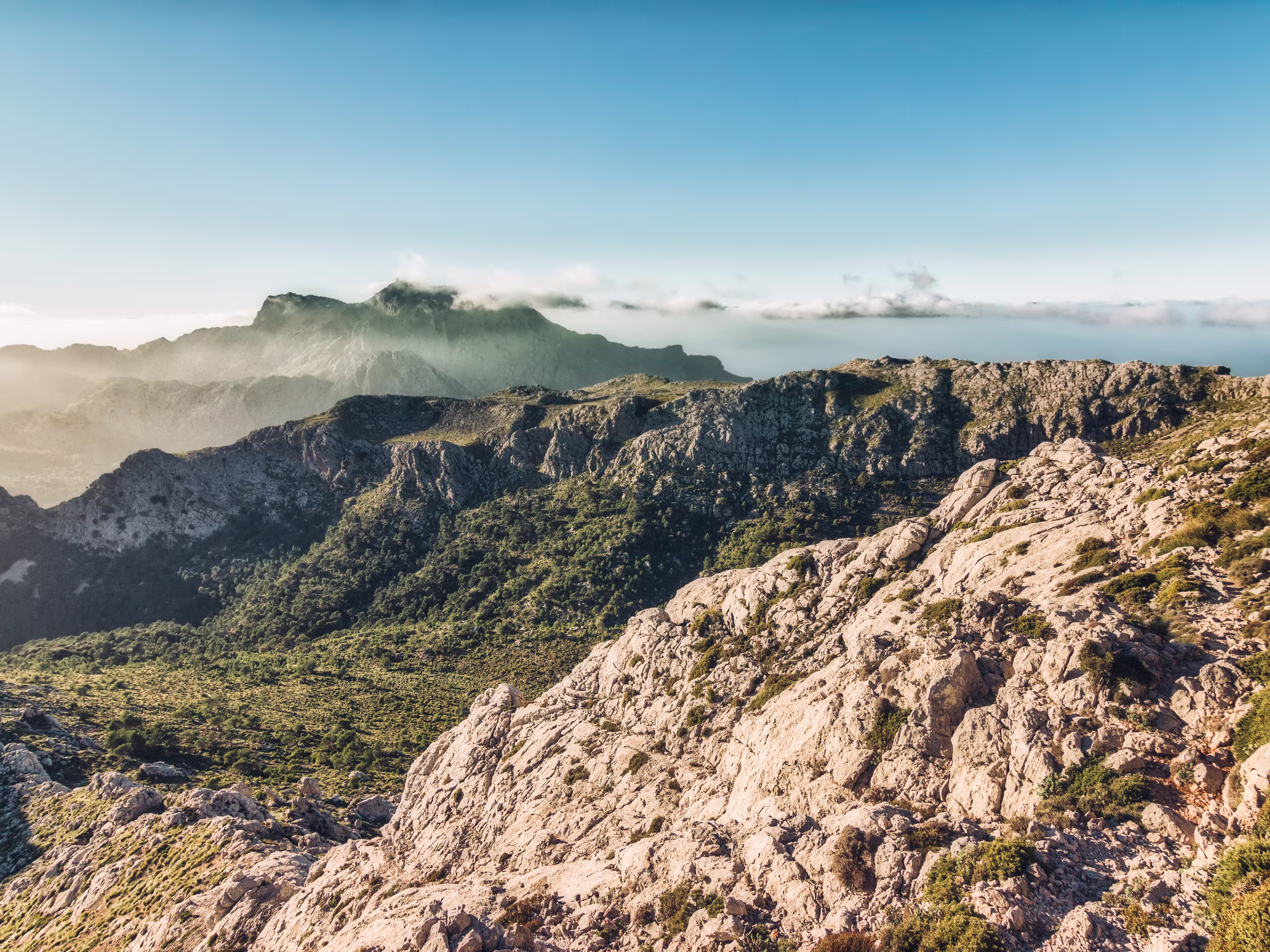 Mountain scenery of the "Serra de Tramuntana" on the island of Majorca in Spain. Summit of "Puig Major" seen from the "Massanella "mountain.