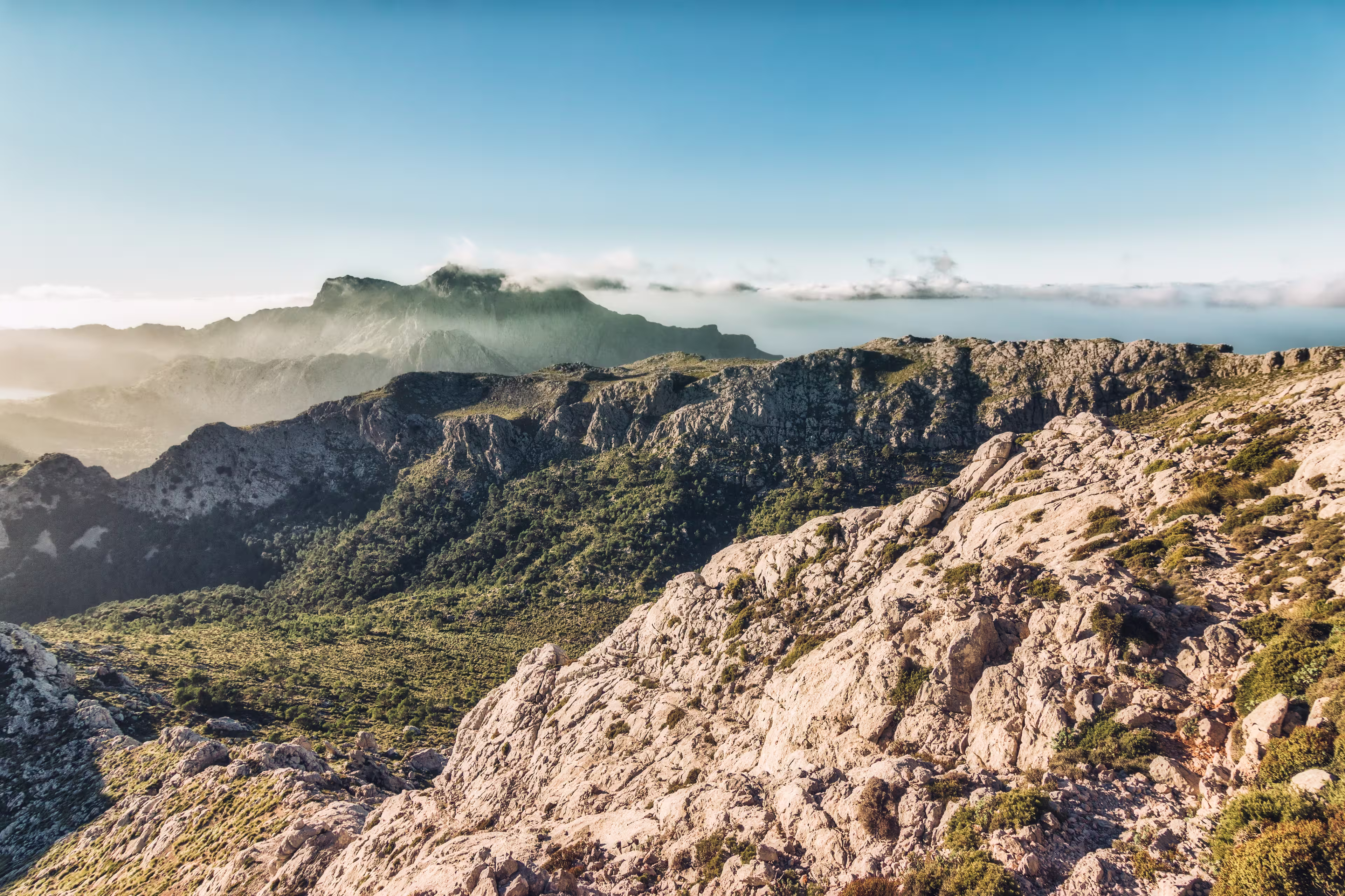 Mountain scenery of the "Serra de Tramuntana" on the island of Majorca in Spain. Summit of "Puig Major" seen from the "Massanella "mountain.