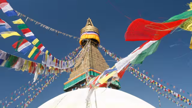 HNPN - View of colourful Buddhist Temple Flags in Kathmandu, Nepal