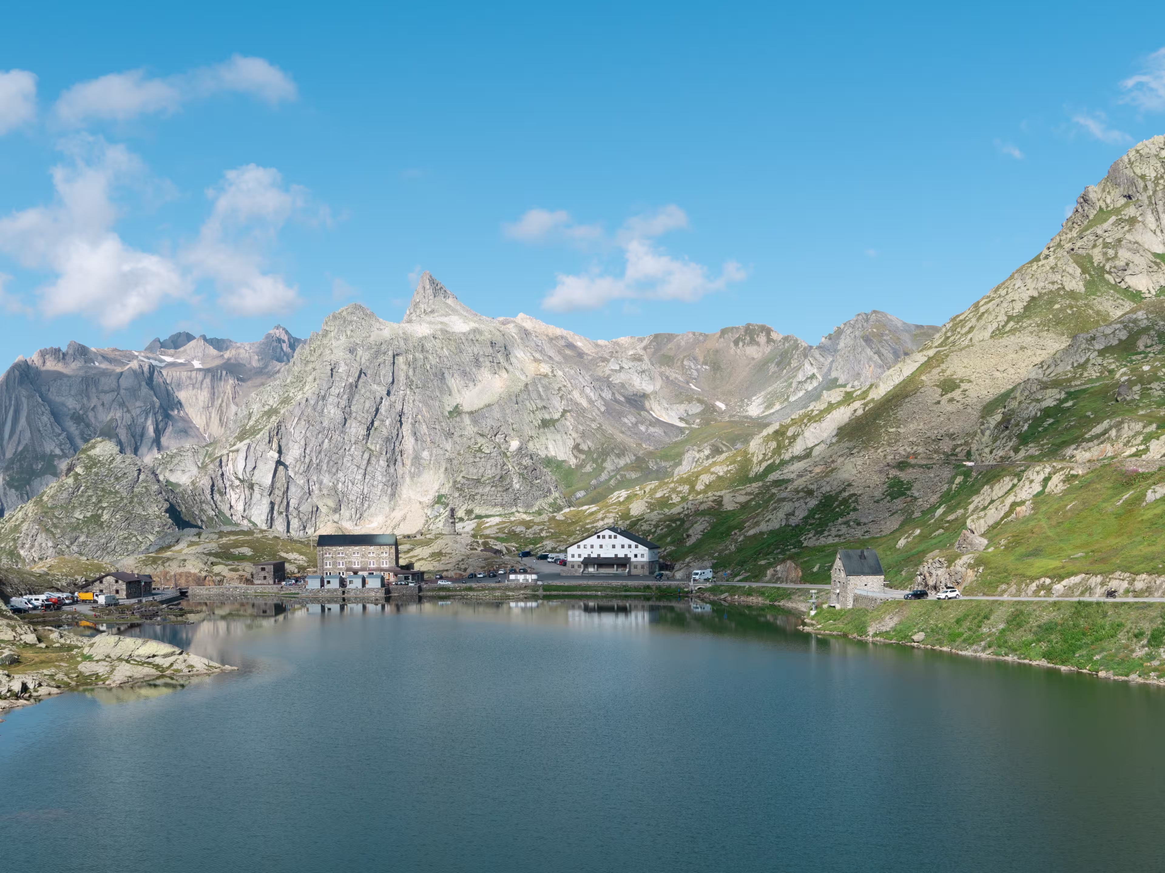 Lake from the Great Saint Bernard Pass, Switzerland. Beautiful Summer day.