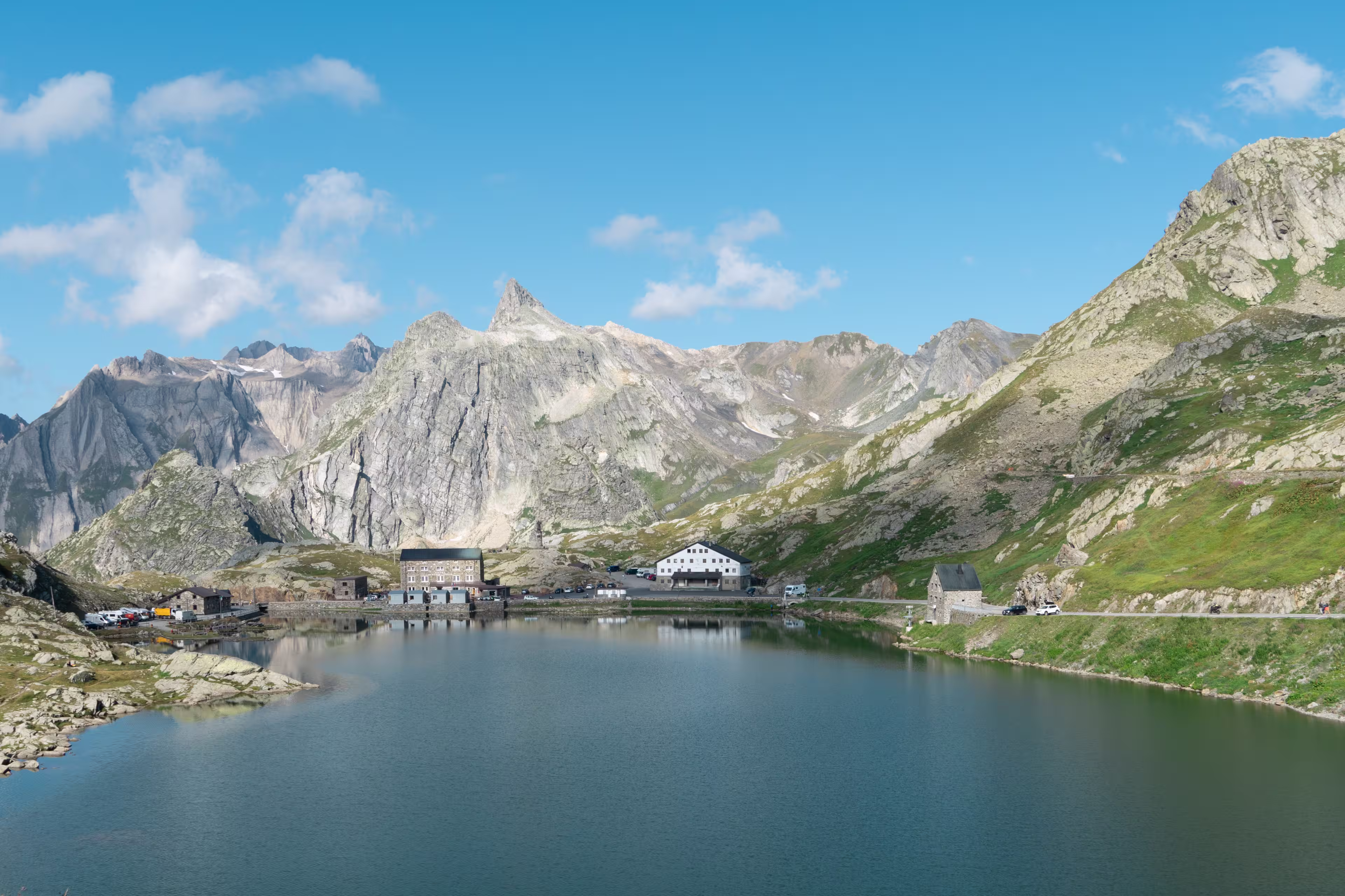 Lake from the Great Saint Bernard Pass, Switzerland. Beautiful Summer day.