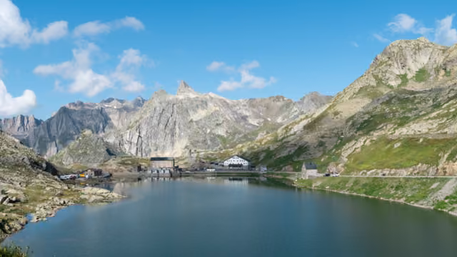 Lake from the Great Saint Bernard Pass, Switzerland. Beautiful Summer day.