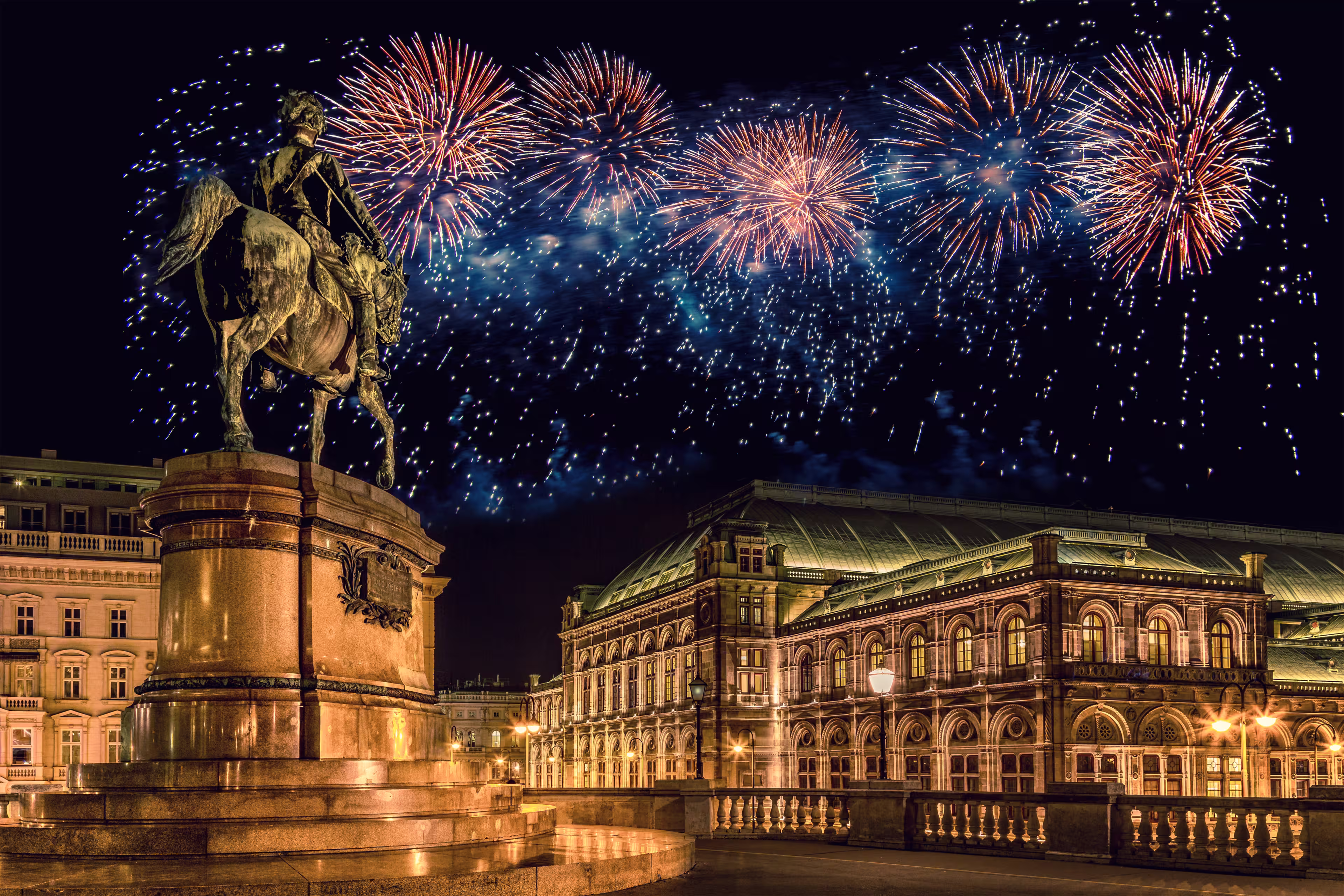 Vienna (Austria) with fireworks during New Year celebration