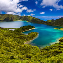 Beautiful panoramic view of Lagoa do Fogo lake in Sao Miguel Island, Azores, Portugal. "Lagoa do Fogo" in São Miguel Island, Azores. Panoramic image of Lagoa do Fogo, Sao Miguel, Azores, Portugal.