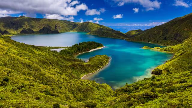 Beautiful panoramic view of Lagoa do Fogo lake in Sao Miguel Island, Azores, Portugal. "Lagoa do Fogo" in São Miguel Island, Azores. Panoramic image of Lagoa do Fogo, Sao Miguel, Azores, Portugal.