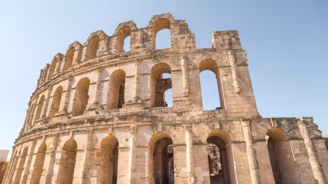Facade of the El Jem Ampitheater in El Djem, Tunisia