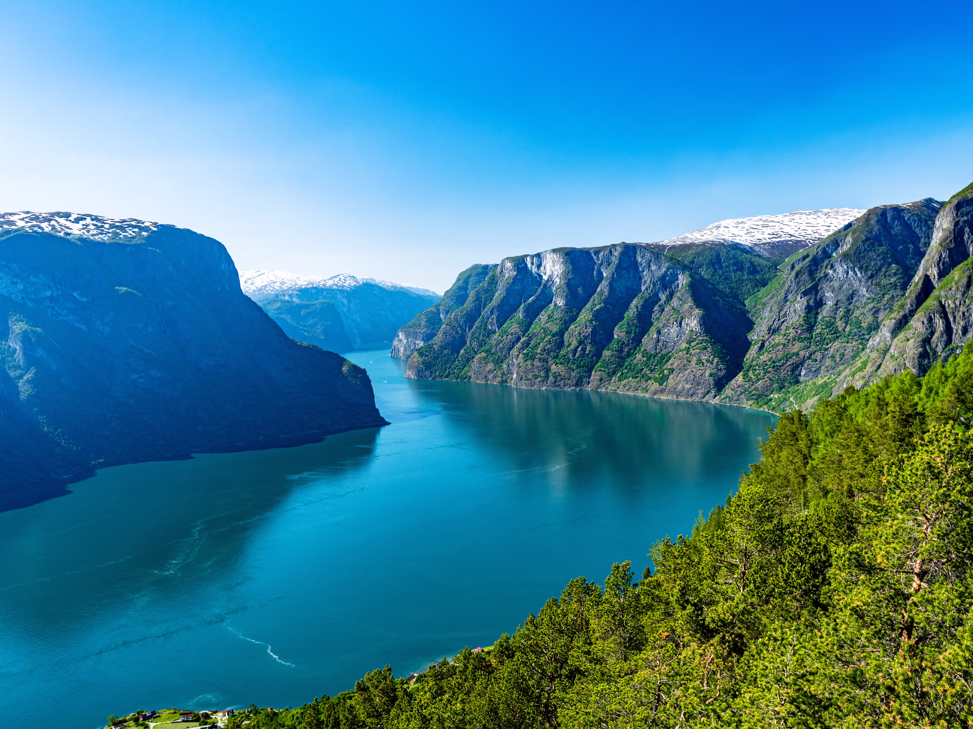 Norway Sognefjord at summer. Sunny day, landscape with mountain, fjord, forest