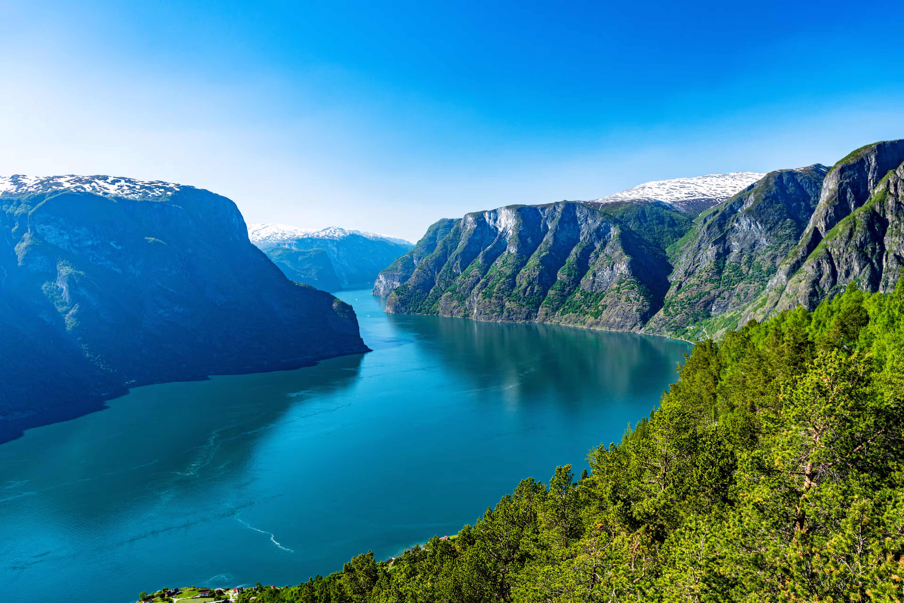 Norway Sognefjord at summer. Sunny day, landscape with mountain, fjord, forest