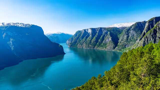 Norway Sognefjord at summer. Sunny day, landscape with mountain, fjord, forest