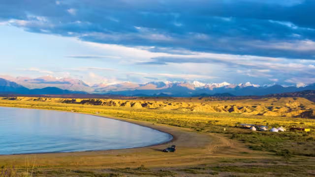 Beautiful southern shore of Lake Issyk-Kul in the summer day, Kyrgyzstan.