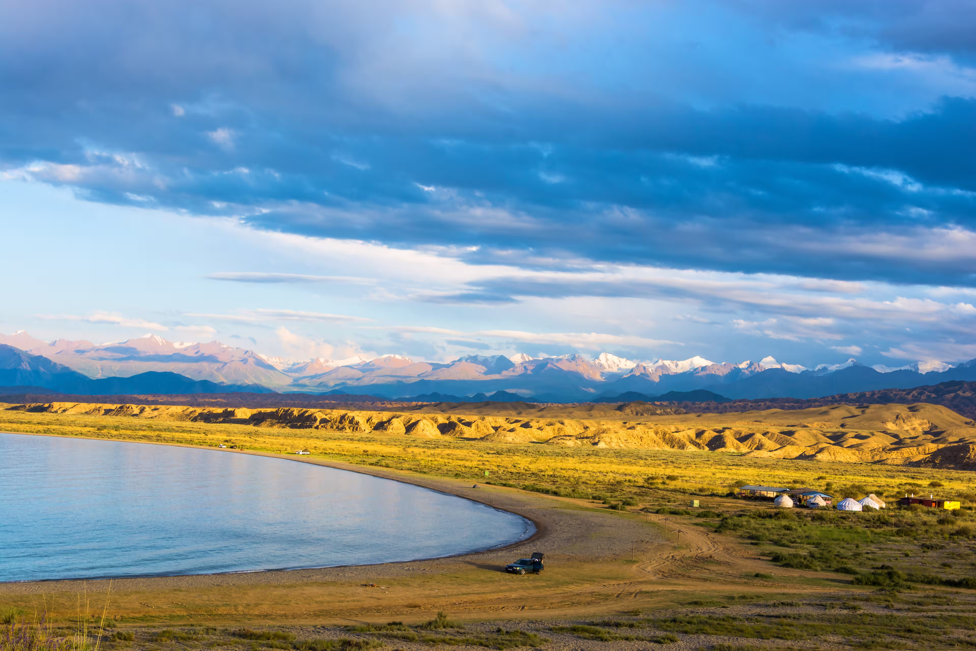 Beautiful southern shore of Lake Issyk-Kul in the summer day, Kyrgyzstan.