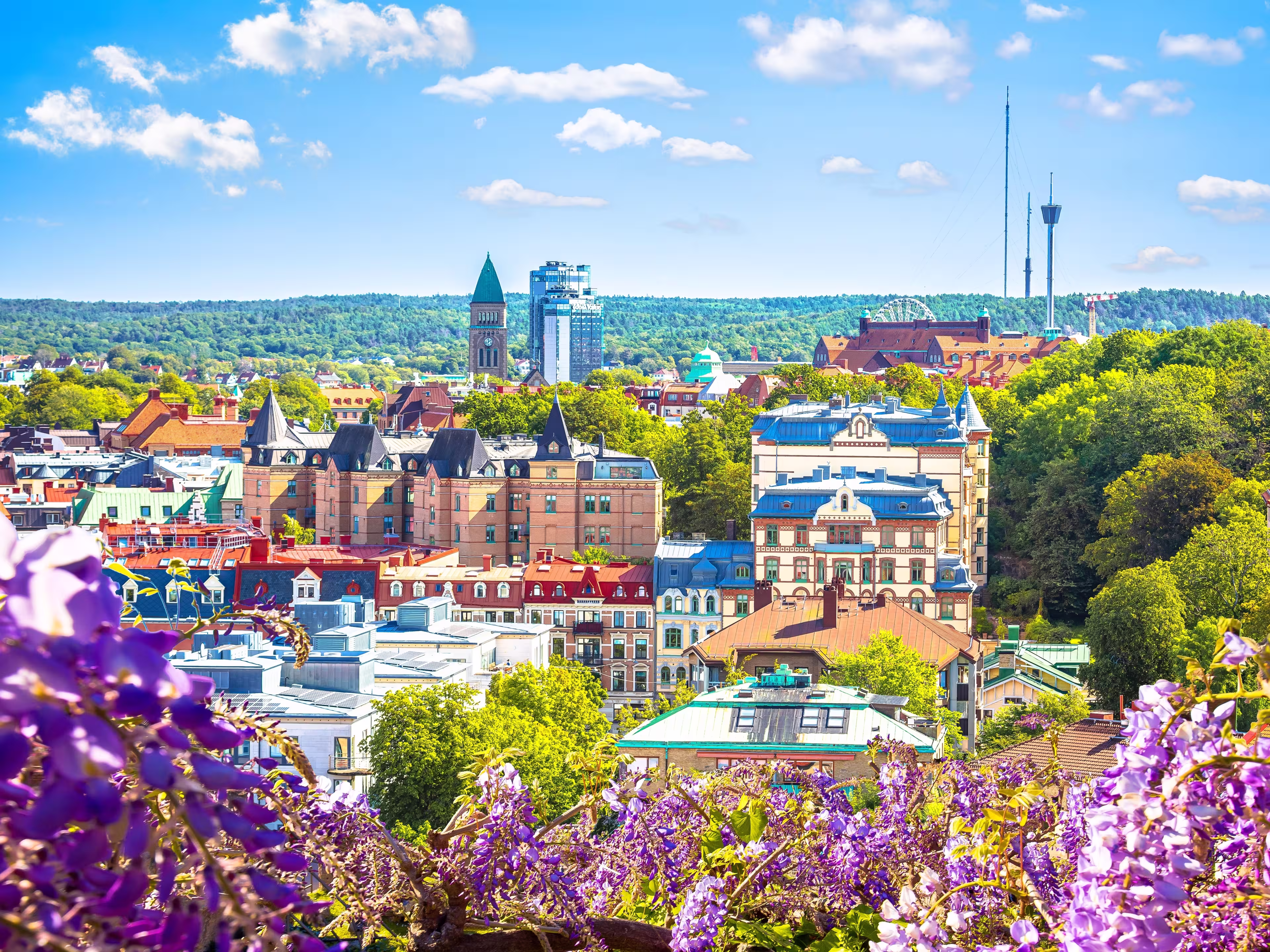 City of Gothenburg rooftops panoramic flower frame  view, Vastra Gotaland County of Sweden
