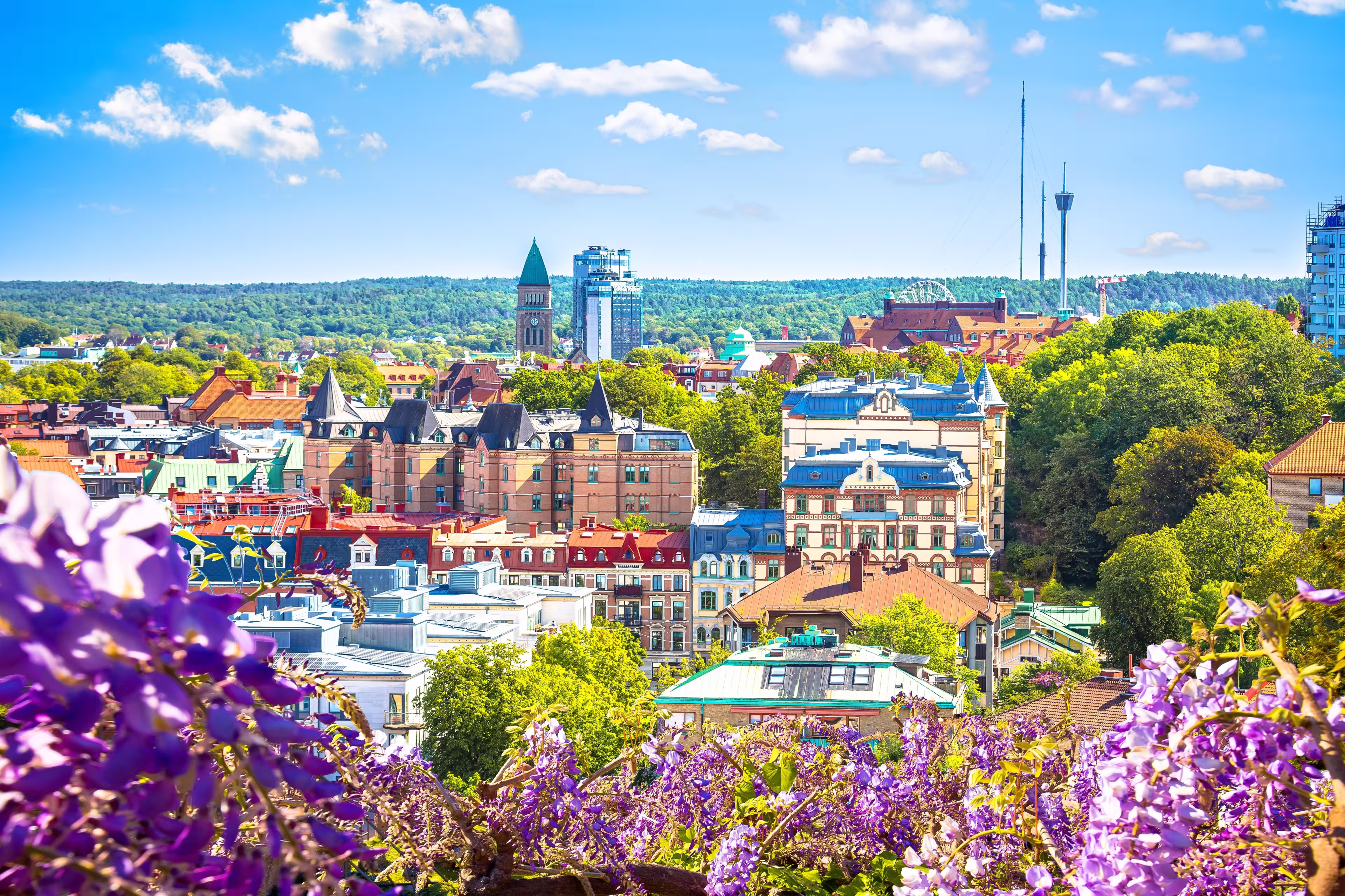 City of Gothenburg rooftops panoramic flower frame  view, Vastra Gotaland County of Sweden